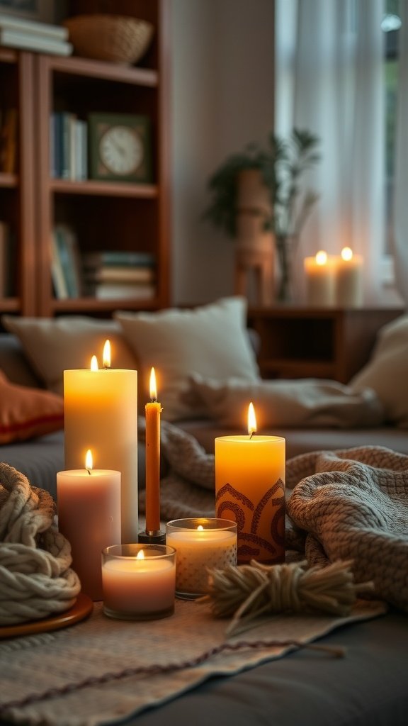 A cozy arrangement of natural candles in various sizes, creating a warm and inviting atmosphere.