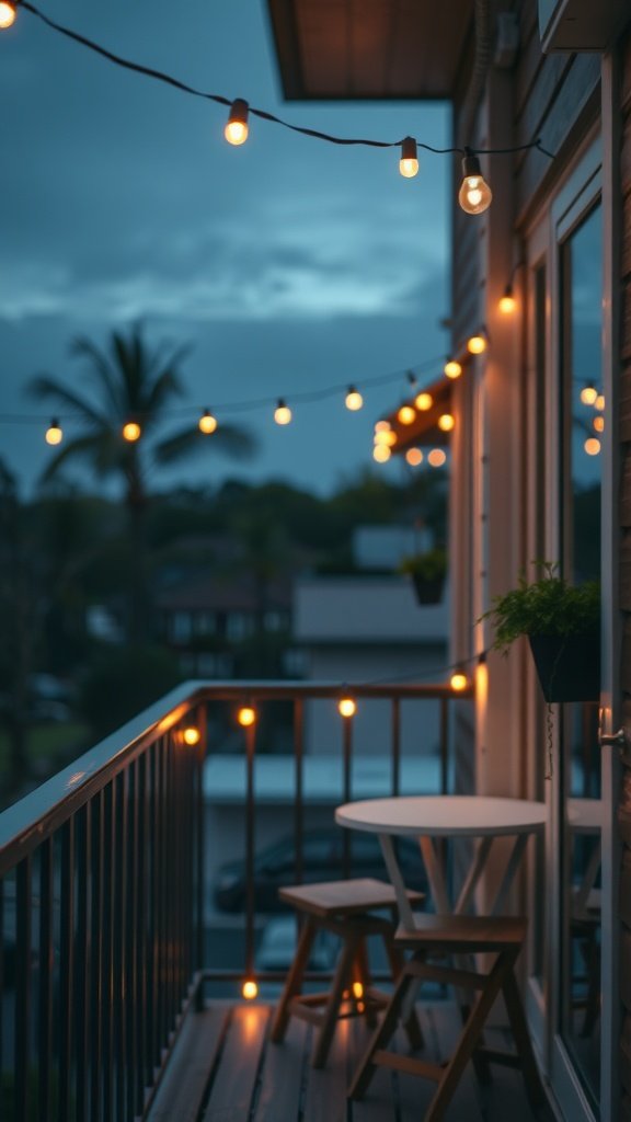 A small balcony with string lights illuminating the space during dusk.