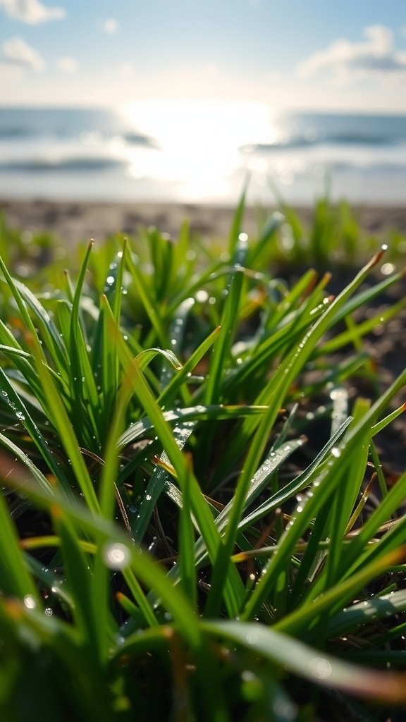 Close-up of beach grass with morning dew, ocean in the background