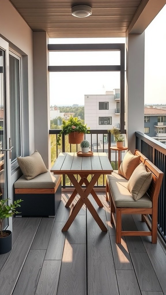 A small balcony featuring a wooden table and benches, showcasing multi-functional furniture.