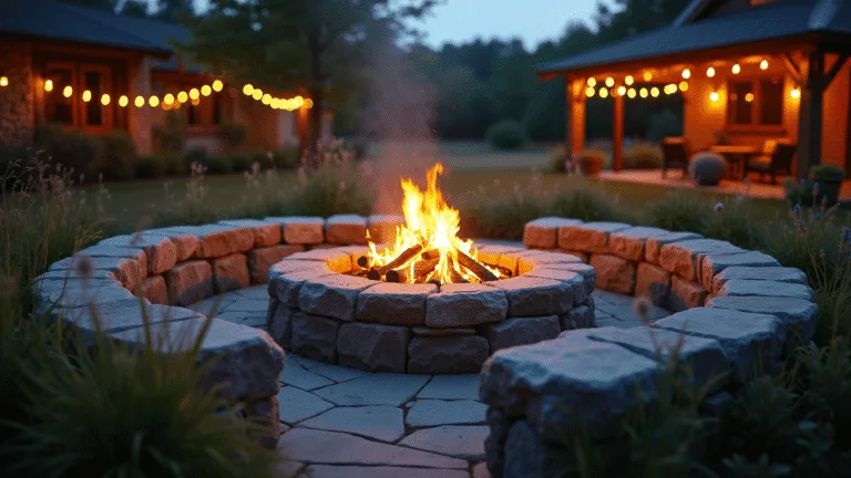 "Photorealistic twilight scene of a circular natural stone fire pit surrounded by curved boulder seating, with ambient string lights illuminating the backyard landscape and wildflowers swaying in the foreground."