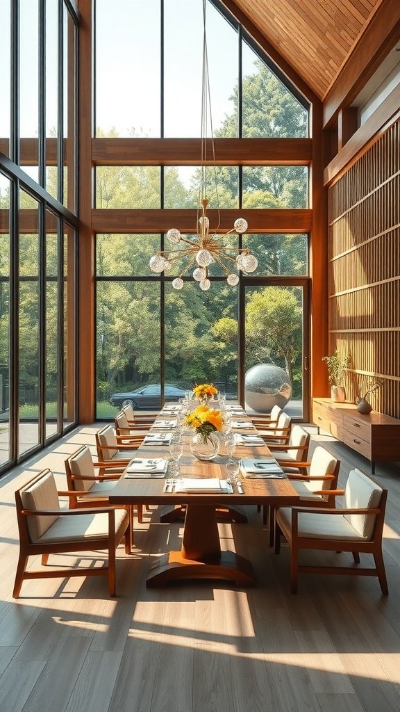 A bright Japandi dining room with large windows, wooden furniture, and a stylish chandelier.