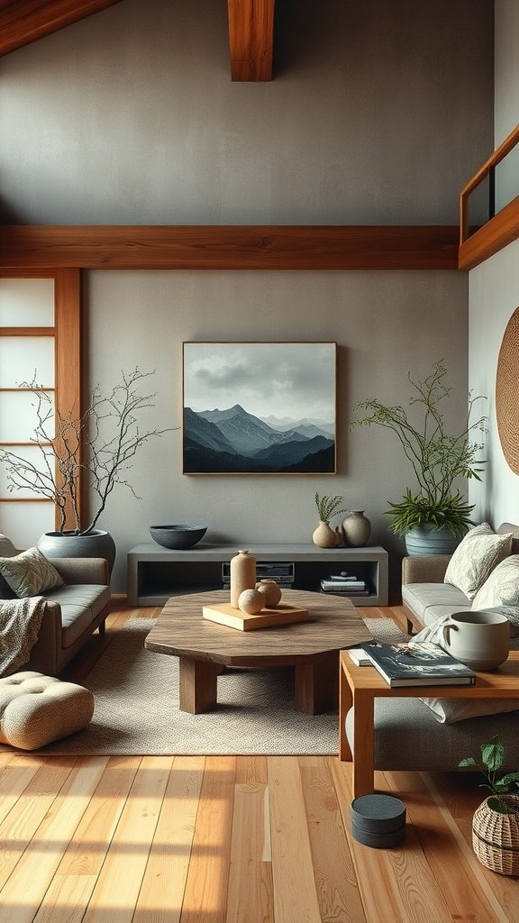 A cozy living room featuring natural materials, wooden beams, and soft furnishings, embodying a Wabi sabi aesthetic.