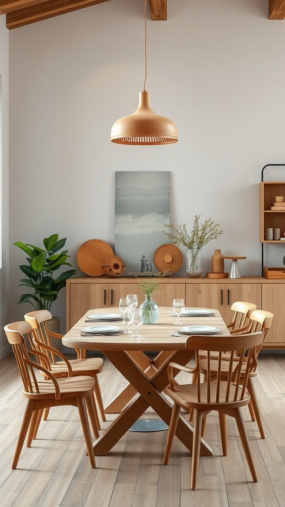 A Japandi dining room featuring a wooden table, wooden chairs, and natural decor elements.