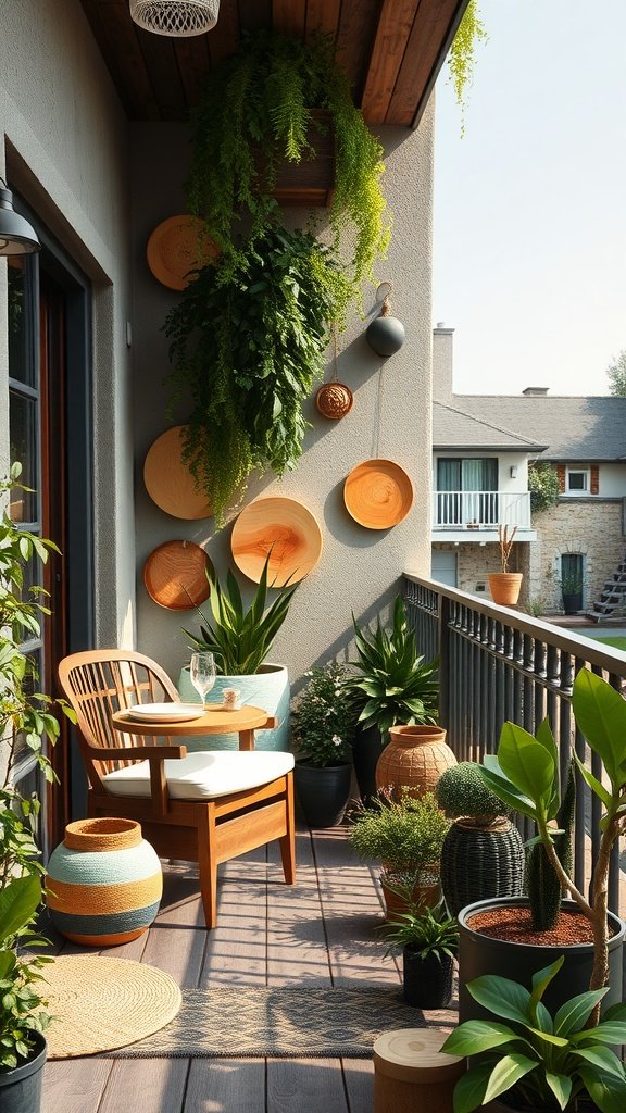 A small balcony decorated with plants, wooden furniture, and natural decor elements.