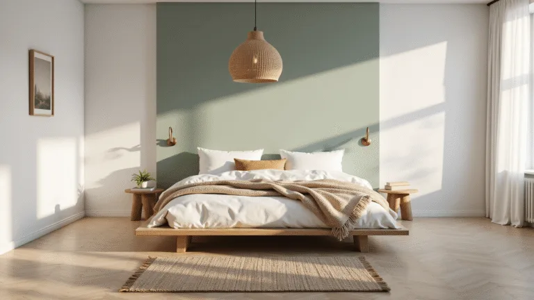 A serene Nordic minimal bedroom with a low-profile platform bed, crisp white linens, and textured throws, illuminated by soft morning light, featuring a pale sage green accent wall, light oak flooring, and a natural rattan pendant light.