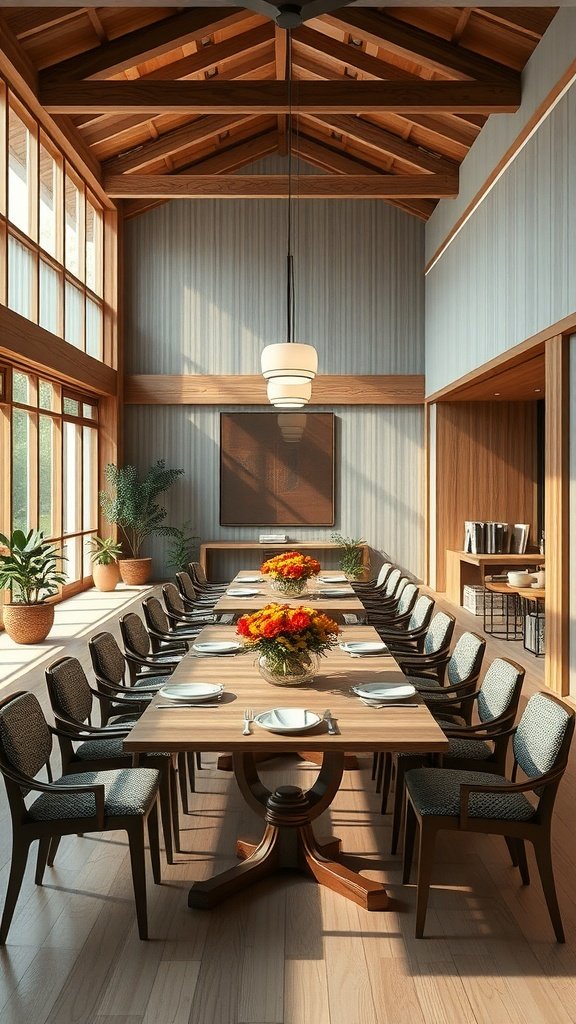 A spacious Japandi dining room featuring a long wooden table, comfortable chairs, and large windows allowing natural light.