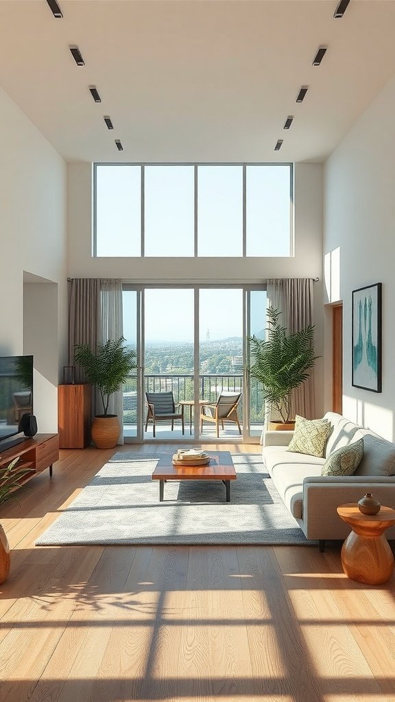 A bright and airy living room with large windows, a cozy sofa, and natural elements.
