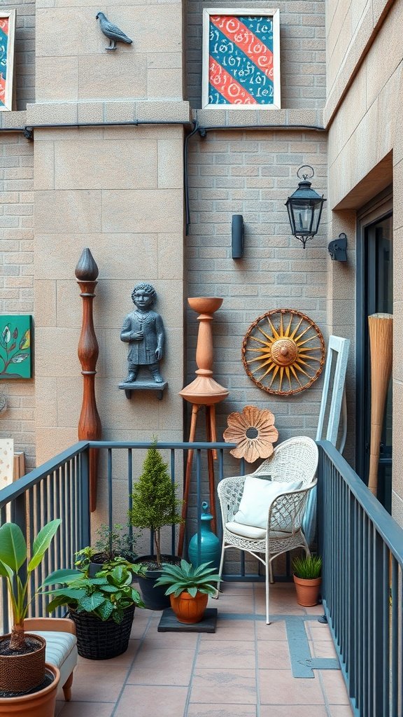 A small balcony featuring various outdoor art displays, including framed artwork, sculptures, and plants.