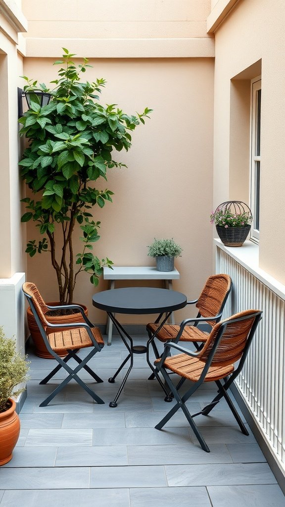 A small balcony with a round table and two chairs, surrounded by plants.