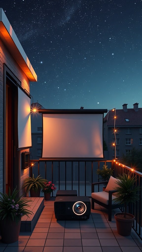 A small balcony with a projector, screen, and string lights set up for an outdoor movie night.