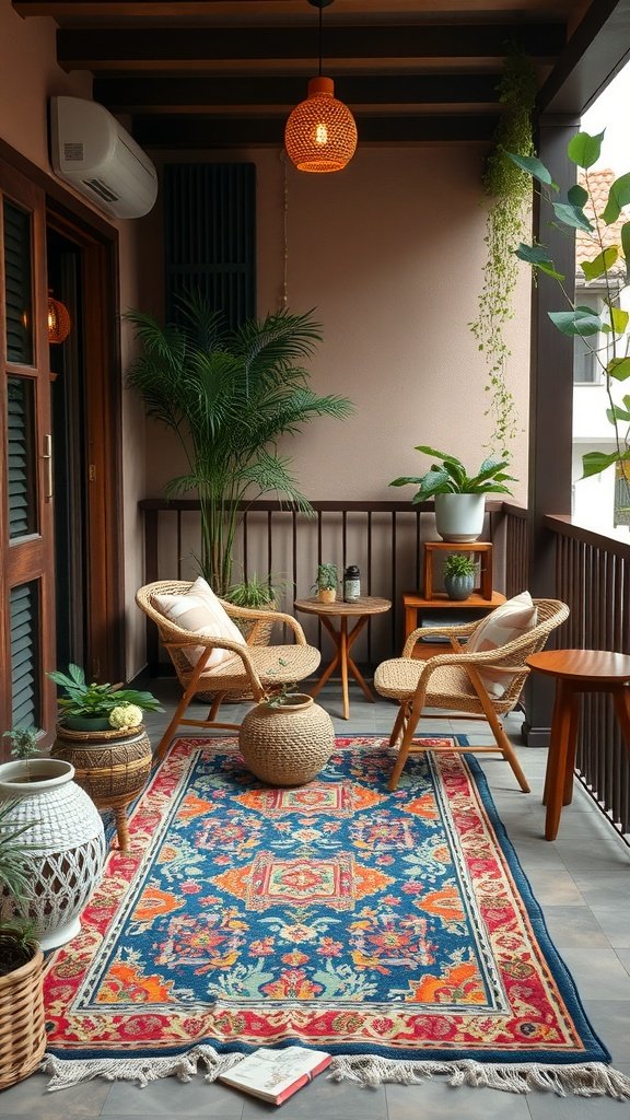 Cozy small balcony with an outdoor rug, plants, and seating