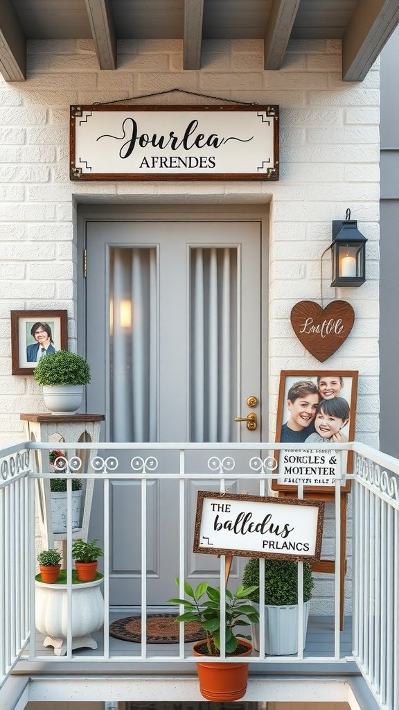 A small balcony with personalized decor, including potted plants, framed photos, and decorative signs.