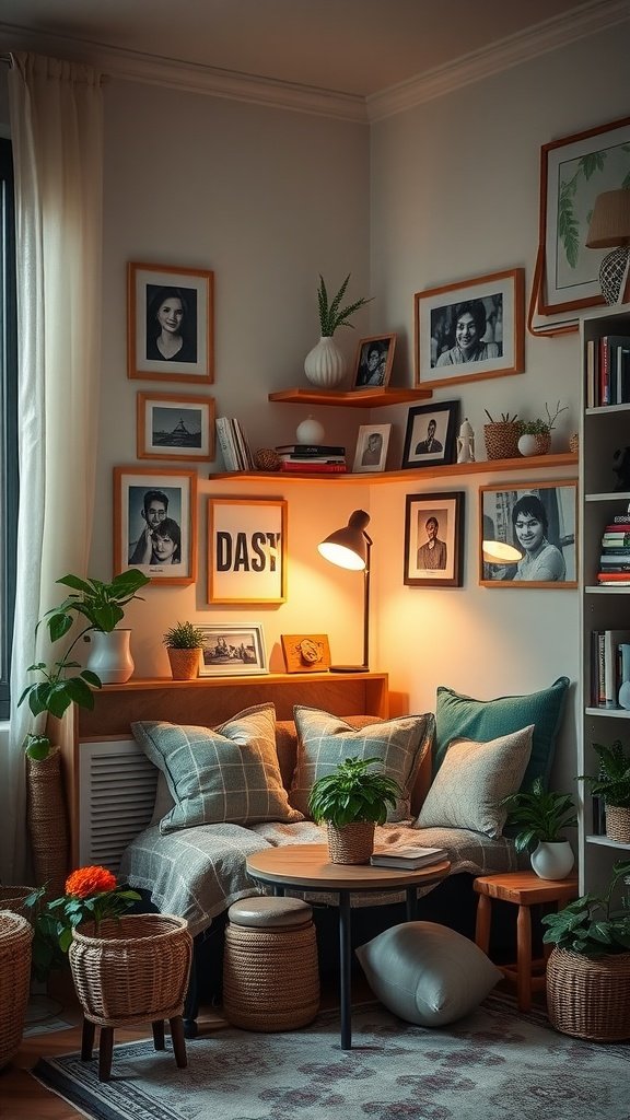 Cozy corner of a Wabi Sabi apartment with framed photos, plants, and warm lighting.