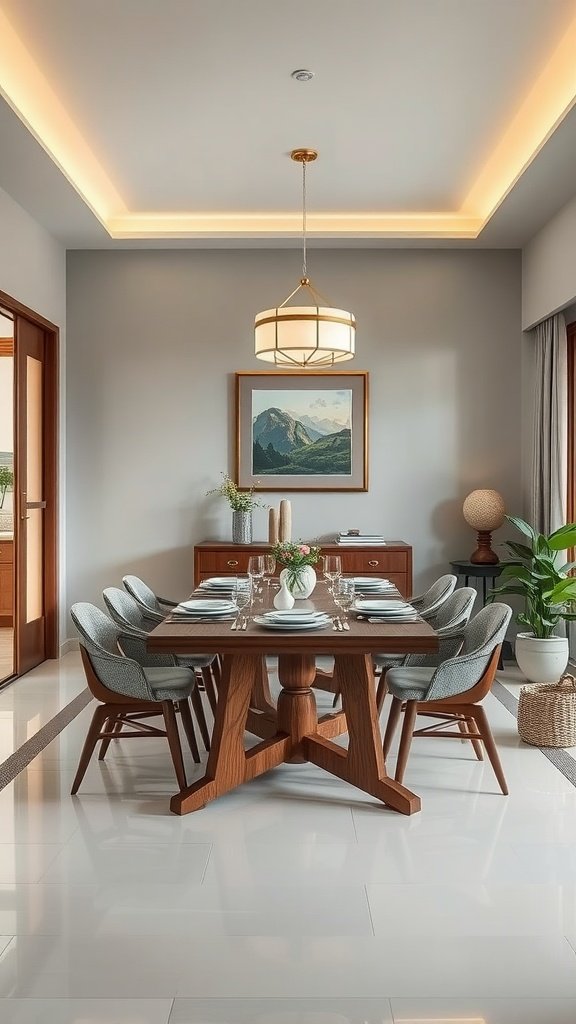 A beautifully designed Japandi dining room featuring a wooden table, comfortable chairs, and natural decor.