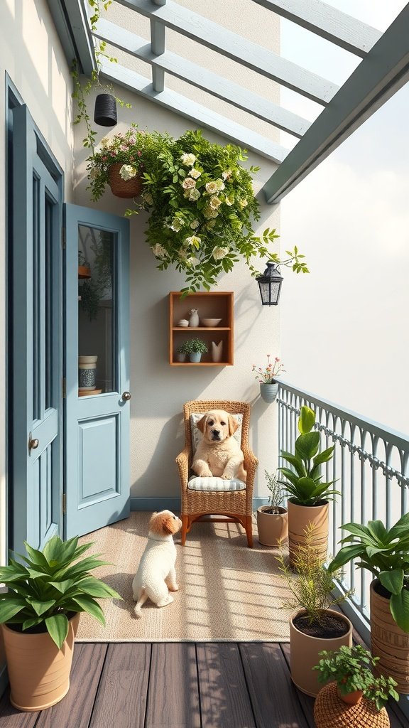 A pet-friendly balcony featuring two dogs, a wicker chair, and various potted plants.