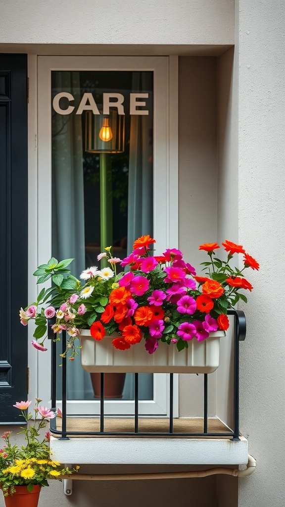 Colorful flowers in a planter box on a balcony railing