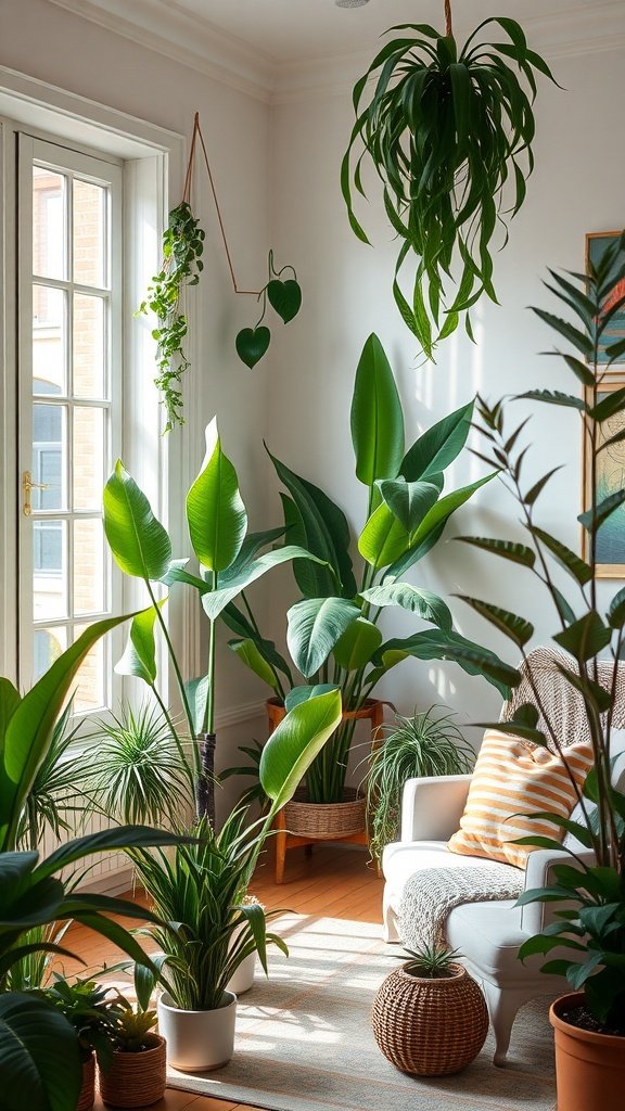 A cozy corner with various plants in a well-lit apartment, showcasing Wabi sabi decor.