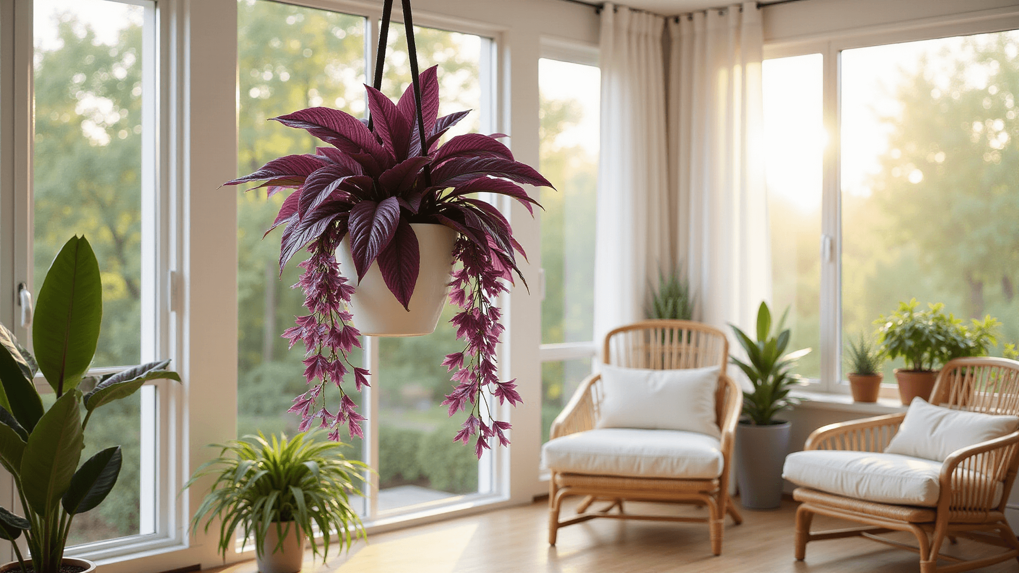 A contemporary sunroom with floor-to-ceiling windows, featuring a cascading Purple Heart plant in a white ceramic planter, modern rattan armchair with cream cushions, layered greenery, and soft bokeh effect, highlighting the plant's royal purple foliage in golden afternoon light.