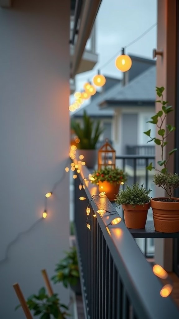 A small balcony railing decorated with string lights and potted plants, creating a cozy atmosphere.