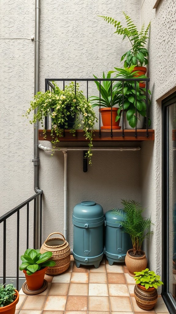 A small balcony featuring rainwater harvesting barrels and potted plants.