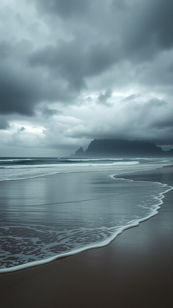 A beach scene on a rainy day with dark clouds and gentle waves.