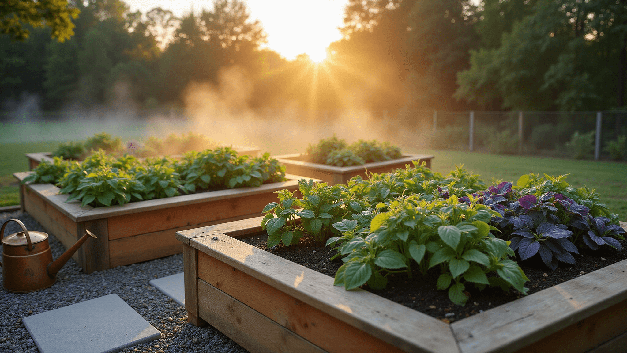 A wide-angle shot of three U-shaped cedar raised garden beds at sunrise, surrounded by mist, vibrant tomato plants, and purple basil, with a stone pathway and a vintage copper watering can.