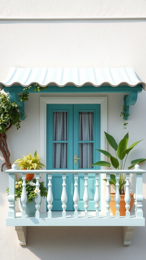 A small balcony with turquoise doors, white railings, and potted plants.