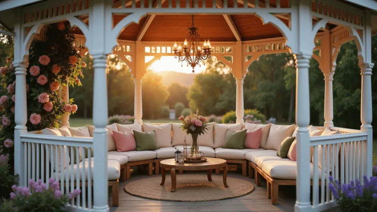 Photorealistic wide-angle shot of a luxurious white wooden gazebo adorned with climbing pink roses and wisteria at golden hour, featuring a plush conversation set, vintage chandelier, and lush English garden beds, all illuminated by soft golden light and fairy lights, captured in 8K ultra HD.
