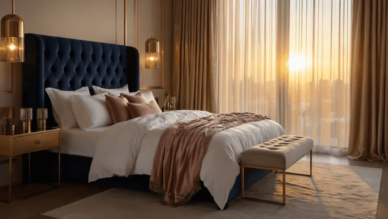 A luxurious master bedroom at golden hour, featuring a king-sized bed with a navy velvet tufted headboard, adorned with crisp white sheets and blush pink pillows. Modern brass nightstands and glass lamps create a soft glow, while champagne sheer drapes filter light, highlighting rich textures and fresh white roses.