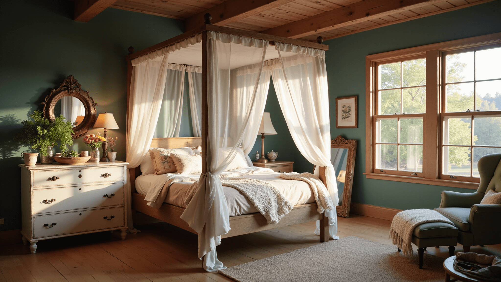 A sunlit cottagecore bedroom featuring a four-poster bed with a gauzy canopy, blush pink linens, vintage decor, and a cozy reading nook adorned with fairy lights.