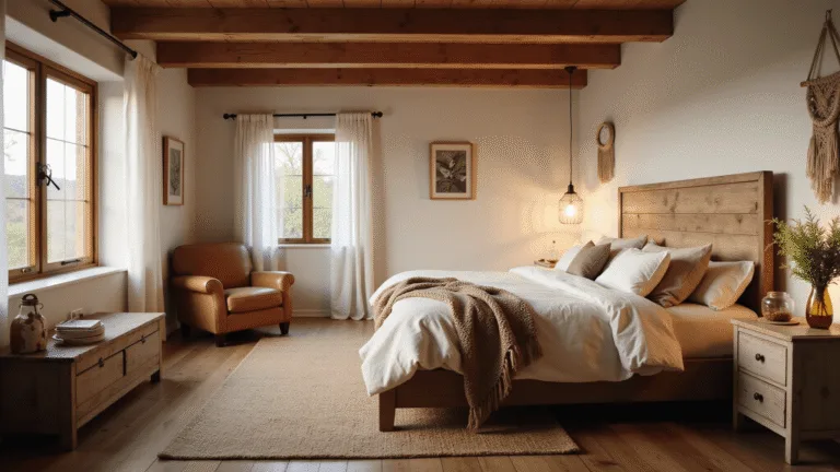 A cozy rustic bedroom bathed in golden hour light, featuring a king-size bed with linen bedding, chunky knit throws, and textured pillows. Exposed cedar beams, wide-plank oak flooring, and a distressed leather armchair complete the inviting atmosphere, with vintage botanical prints and warm, ambient lighting.