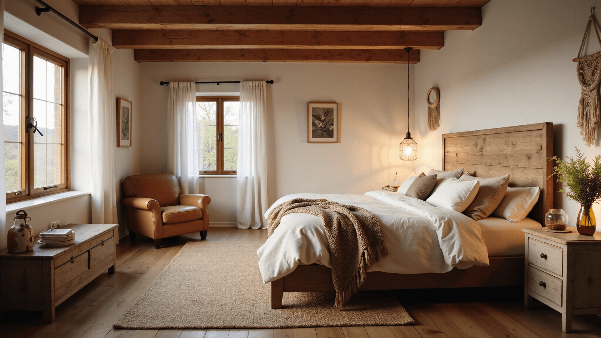 A cozy rustic bedroom bathed in golden hour light, featuring a king-size bed with linen bedding, chunky knit throws, and textured pillows. Exposed cedar beams, wide-plank oak flooring, and a distressed leather armchair complete the inviting atmosphere, with vintage botanical prints and warm, ambient lighting.