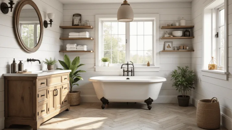 Photorealistic interior of a sunlit farmhouse bathroom with white shiplap walls, reclaimed wood vanity, freestanding clawfoot tub, herringbone floor tiles, vintage decor, and soft natural textures.