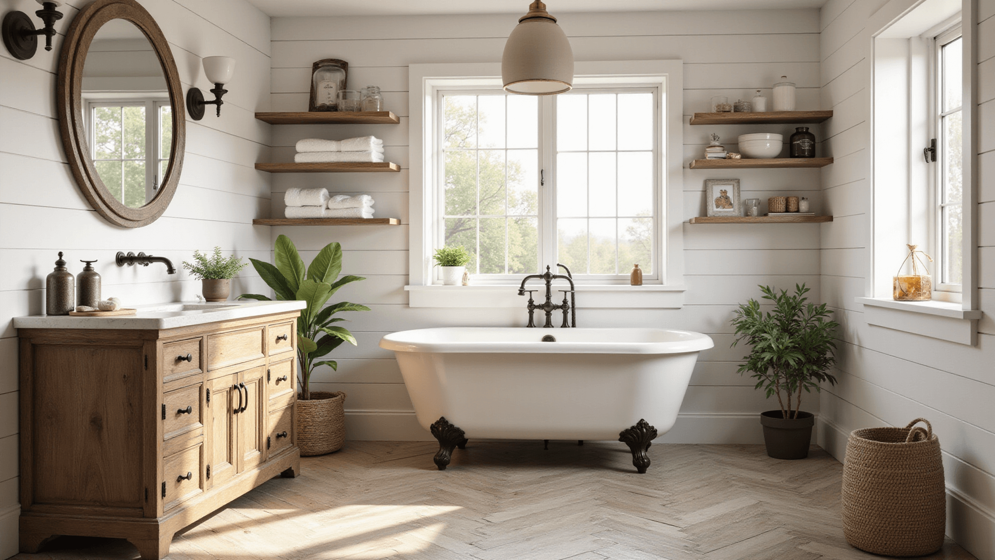 Photorealistic interior of a sunlit farmhouse bathroom with white shiplap walls, reclaimed wood vanity, freestanding clawfoot tub, herringbone floor tiles, vintage decor, and soft natural textures.