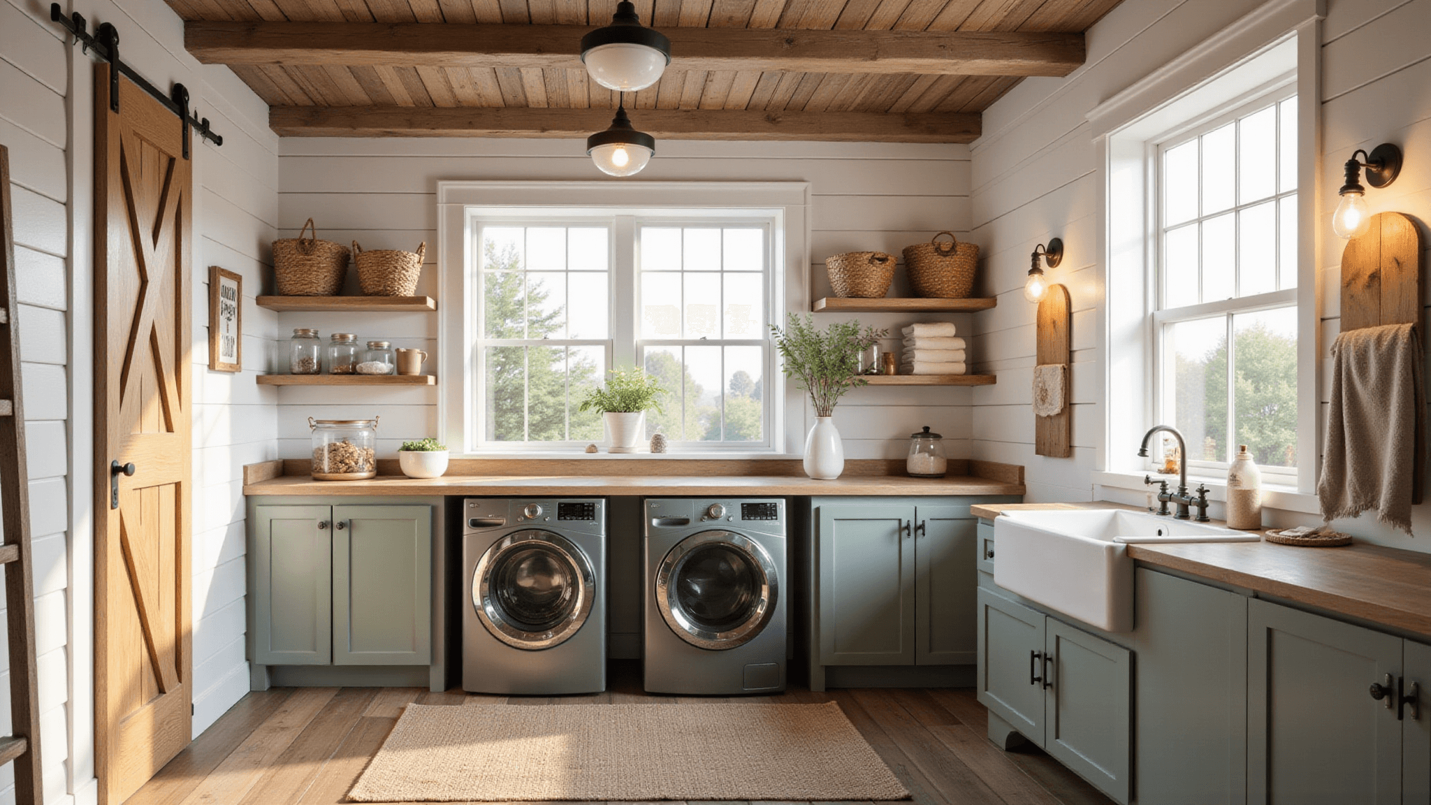 Photorealistic rustic laundry room with white shiplap walls, exposed beams, and a farmhouse window, featuring slate gray washer and dryer, reclaimed wood countertop, open shelving with baskets and jars, a porcelain sink with copper fixtures, Edison bulb lighting, and a vintage ladder drying rack. Warm golden hour lighting enhances the creamy and sage color palette.