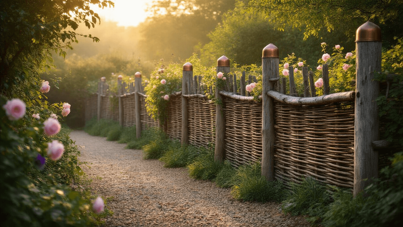 A wide-angle view of a rustic garden fence made of handwoven wattle and weathered barnwood posts, adorned with climbing roses and clematis, basking in warm morning light and surrounded by lavender and ornamental grasses.