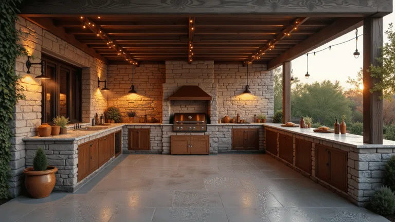 A luxurious L-shaped outdoor kitchen at golden hour, featuring natural stone walls, reclaimed wood cabinets, a copper-toned grill, and leathered granite countertops, all illuminated by warm sunset light.