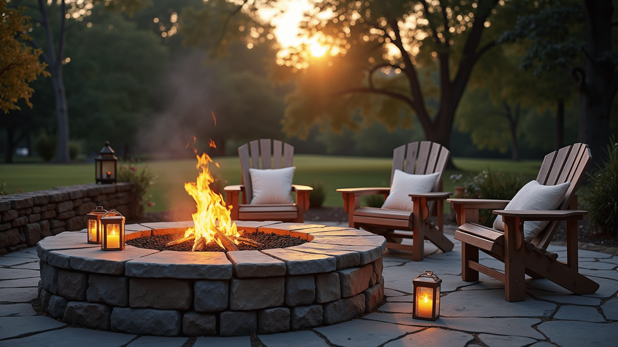 A photorealistic dusk scene featuring a natural stone fire pit surrounded by rough-cut granite blocks and a circular flagstone patio, adorned with Adirondack chairs draped in cream wool throws, copper lanterns, and mason jar tea lights, set amidst mature oak trees with autumn foliage, captured in ultra-wide angle with soft bokeh and cinematic color grading.