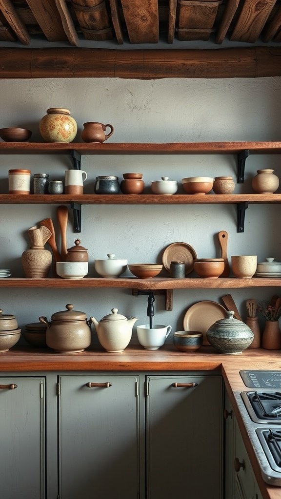 Rustic kitchen with wooden shelves displaying various pottery and kitchenware