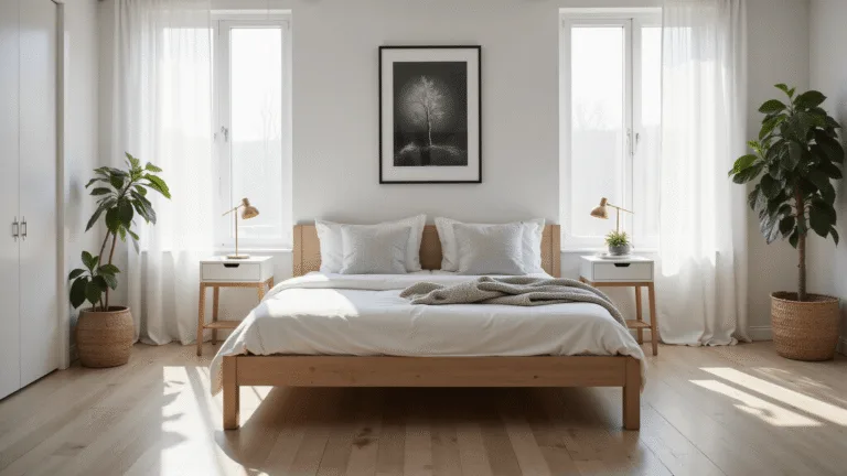 A serene Scandinavian bedroom featuring a light oak platform bed with white linens and gray throw pillows, illuminated by soft morning sunlight filtering through sheer curtains, with minimalist decor and natural textures, captured in a hyperrealistic wide-angle shot.