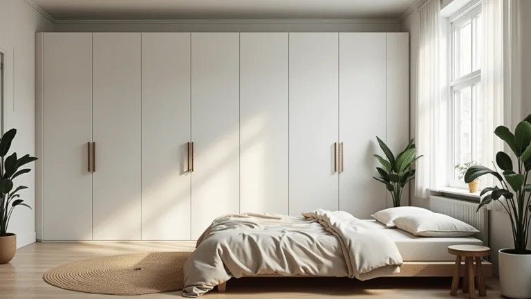 A bright Scandinavian bedroom featuring floor-to-ceiling white cupboards, a low-profile bed with natural linen bedding, a jute rug on light wooden flooring, and potted plants, all illuminated by soft morning light.