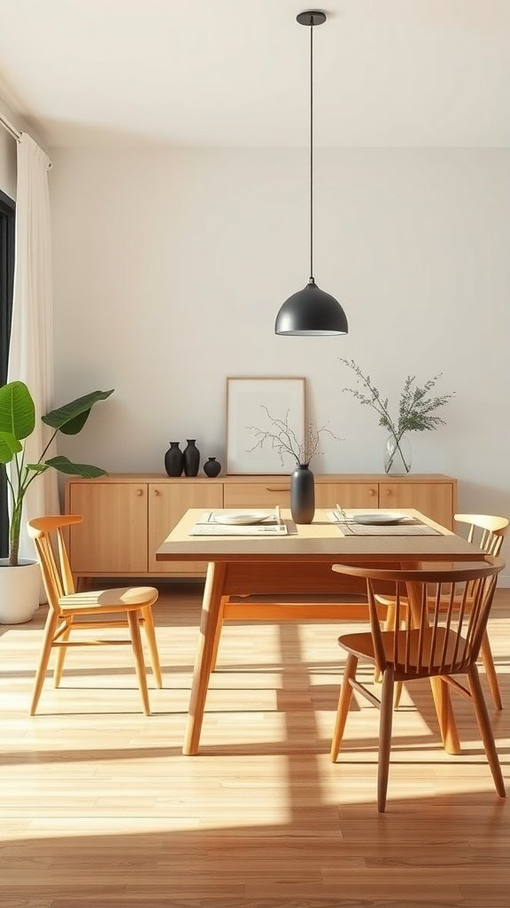 A modern Japandi dining room featuring a wooden table, minimalist chairs, and natural light.