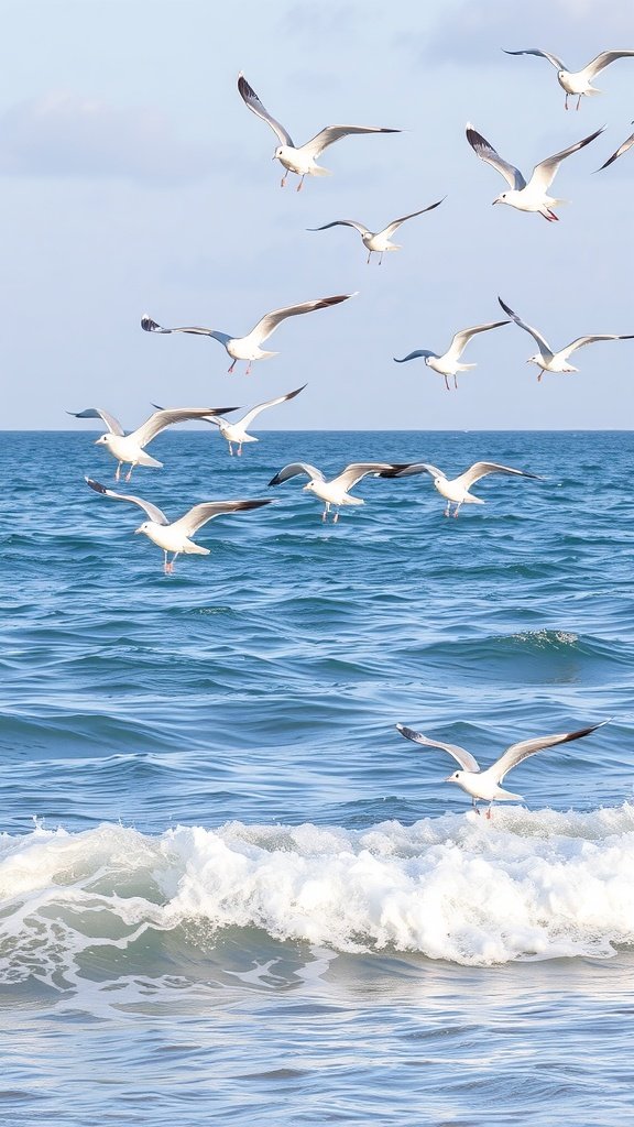 Seagulls flying over ocean waves