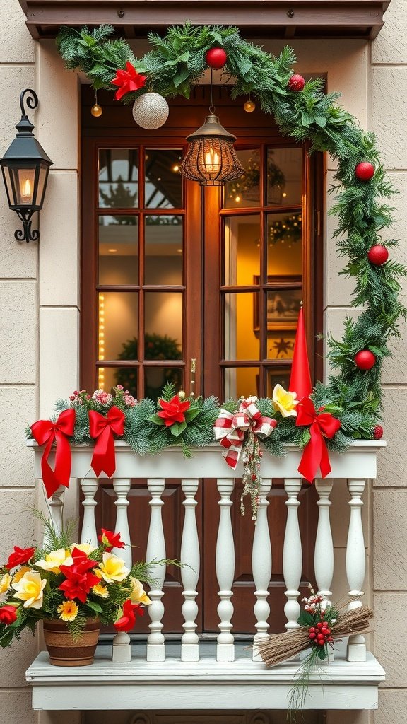 A beautifully decorated small balcony for the holiday season with garlands, ornaments, and flowers.