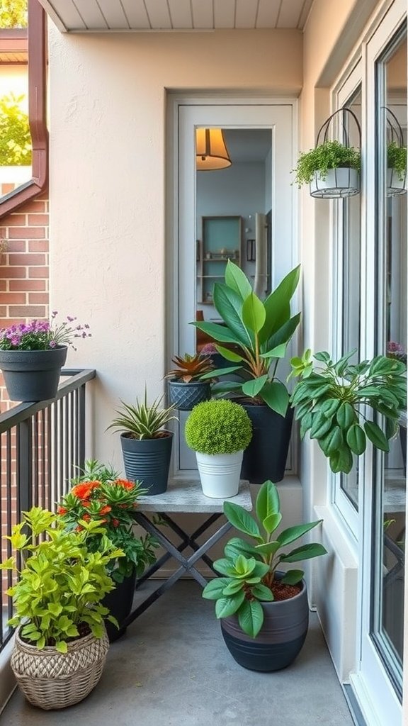 A small balcony filled with various potted plants, showcasing seasonal plant rotation.