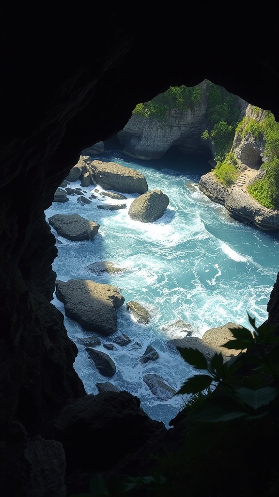 A view of a secluded cove with rocky cliffs and turquoise water