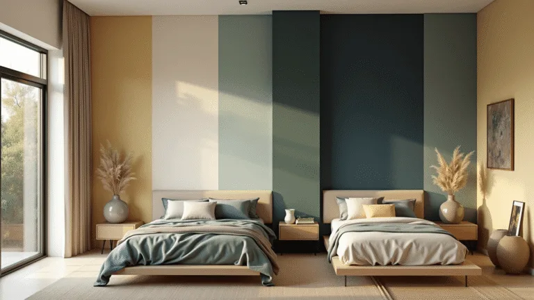 Photorealistic interior image showcasing a sophisticated bedroom design with five distinct color palettes—soft cream, tranquil sage green, dramatic navy blue, warm butter yellow, and deep charcoal—illuminated by natural morning light. Features modern furniture, layered textiles, and minimalist decor, captured in crisp 8K resolution with a cinematic depth of field.