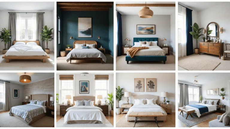 A cinematic interior design photoshoot showcasing six distinct bedroom styles in a professional magazine layout, featuring minimalist Zen, moody luxe, organic modern, farmhouse, coastal, and contemporary eclectic designs, all captured in 8K ultra HD during golden hour with natural lighting and dramatic shadows.