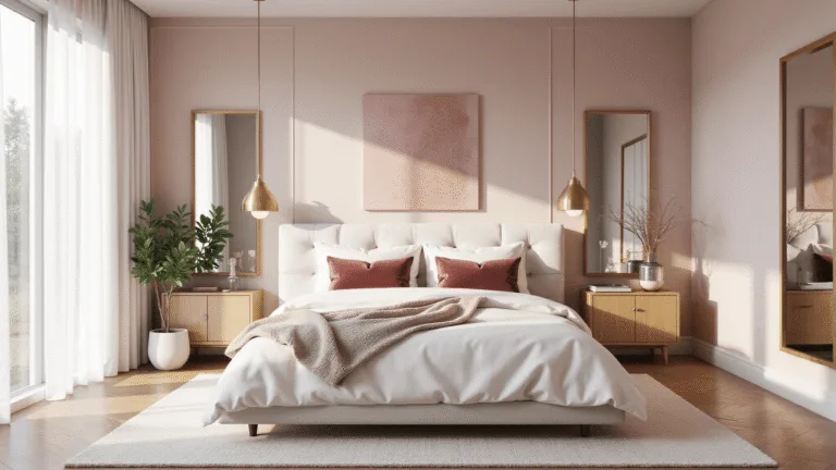 A luxurious master bedroom featuring blush pink walls, a low-profile platform bed with ivory linen bedding, champagne gold accents, and large floor-to-ceiling windows with sheer curtains, all bathed in natural morning light.